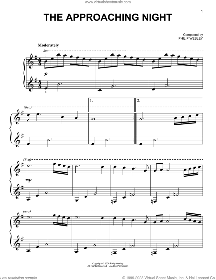 The Approaching Night, (easy) sheet music for piano solo by Philip Wesley, easy skill level