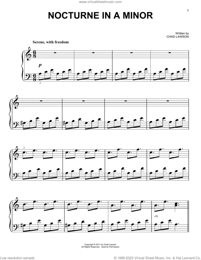 Nocturne In A Minor, (easy) sheet music for piano solo by Chad Lawson, easy skill level