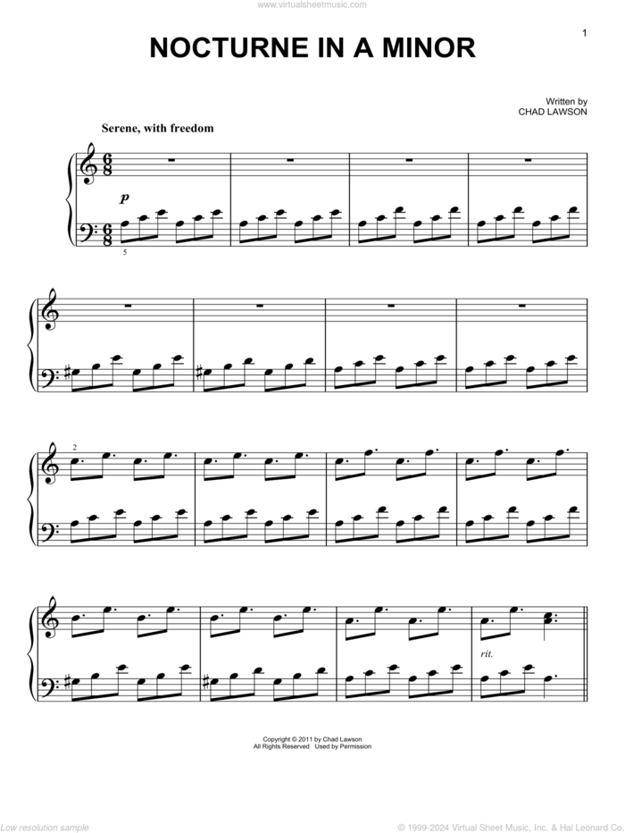 Nocturne In A Minor, (easy) sheet music for piano solo by Chad Lawson, easy skill level