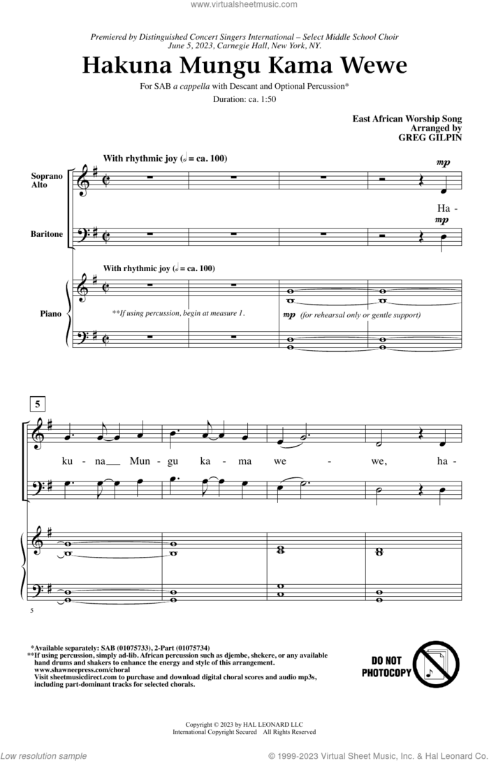 Hakuna Mungu Kama Wewe sheet music for choir (SAB: soprano, alto, bass) by Greg Gilpin and East African Worship Song, intermediate skill level