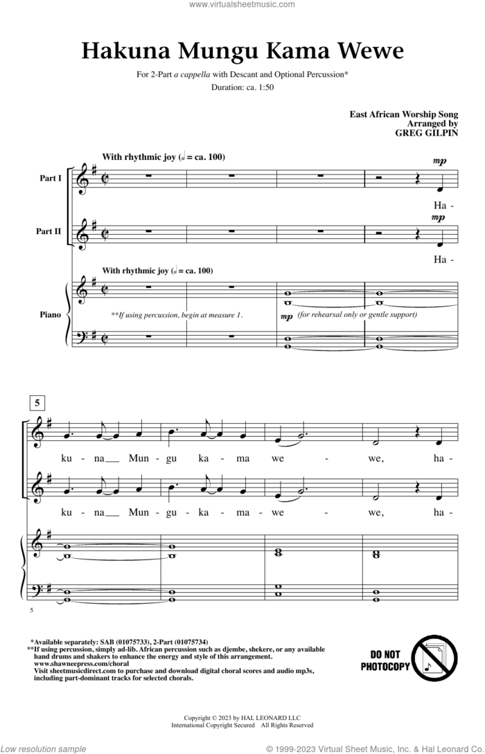 Hakuna Mungu Kama Wewe sheet music for choir (2-Part) by Greg Gilpin and East African Worship Song, intermediate duet