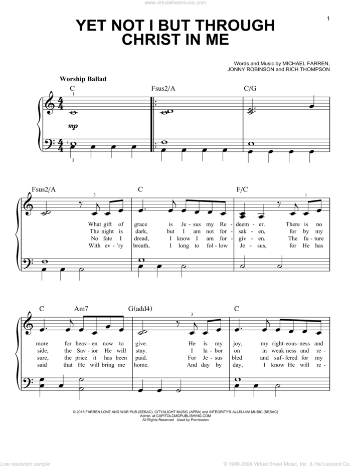 Yet Not I But Through Christ In Me sheet music for piano solo by Michael Farren, City Alight, Jonny Robinson and Rich Thompson, easy skill level