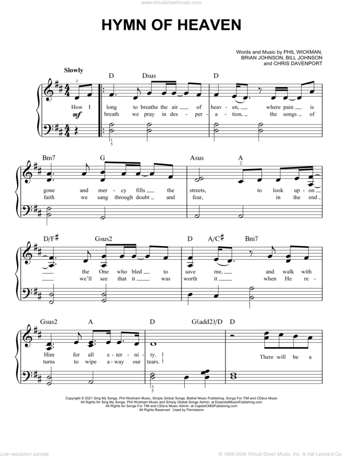 Hymn Of Heaven sheet music for piano solo by Phil Wickham, Bill Johnson, Brian Johnson and Chris Davenport, easy skill level