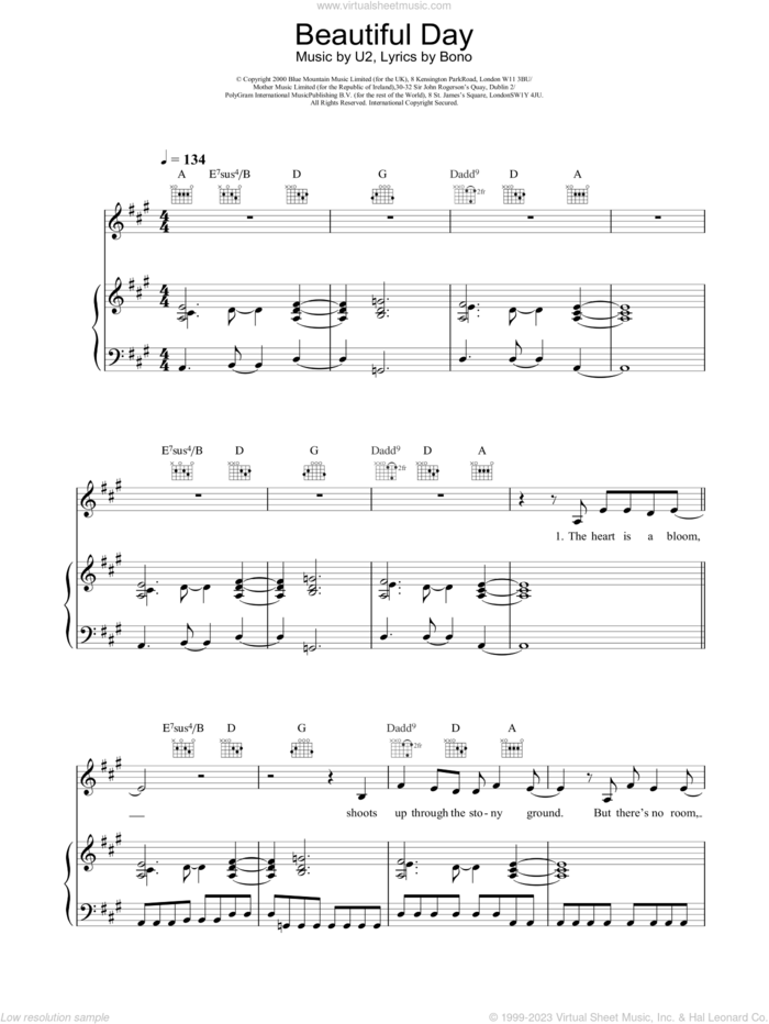 Beautiful Day sheet music for voice, piano or guitar by U2 and Bono, intermediate skill level