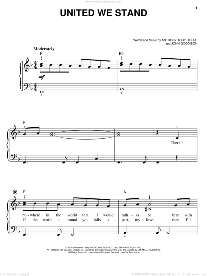 United We Stand sheet music for piano solo by Brotherhood Of Man, Anthony Toby Hiller and John Goodison, easy skill level