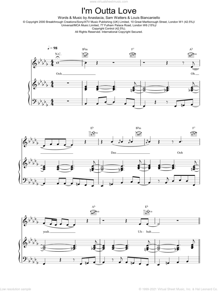 I'm Outta Love sheet music for voice, piano or guitar by Anastacia, intermediate skill level