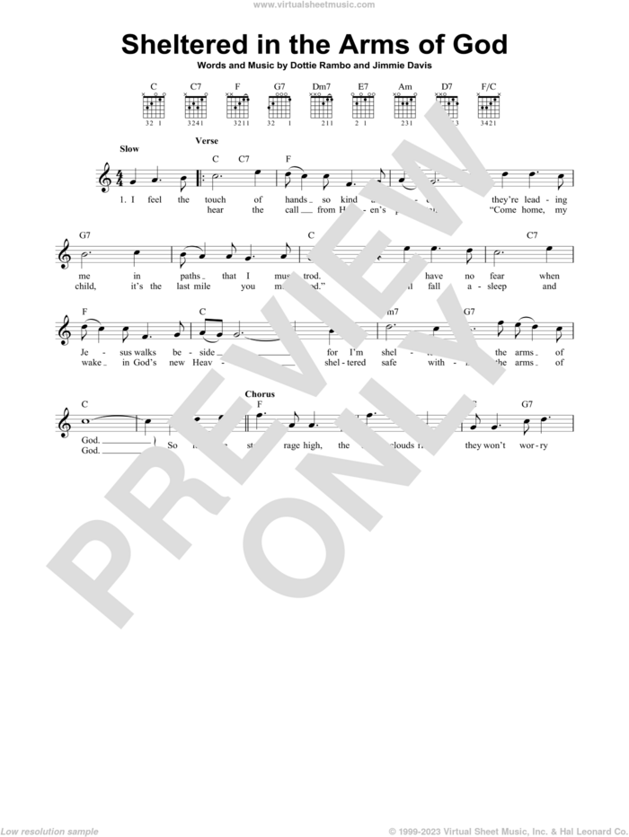 Sheltered In The Arms Of God sheet music for guitar solo (chords) by Dottie Rambo and Jimmie Davis, easy guitar (chords)