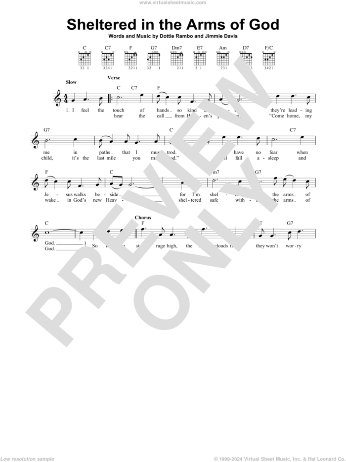 Sheltered In The Arms Of God sheet music for guitar solo (chords) by Dottie Rambo and Jimmie Davis, easy guitar (chords)