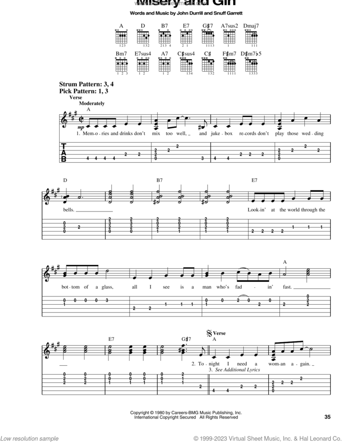 Misery And Gin sheet music for guitar solo (easy tablature) by Merle Haggard, John Durrill and Snuff Garrett, easy guitar (easy tablature)