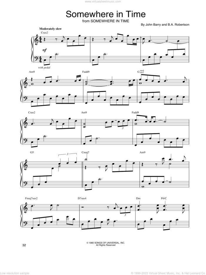 Somewhere In Time sheet music for piano solo by John Tesh, B.A. Robertson and John Barry, intermediate skill level