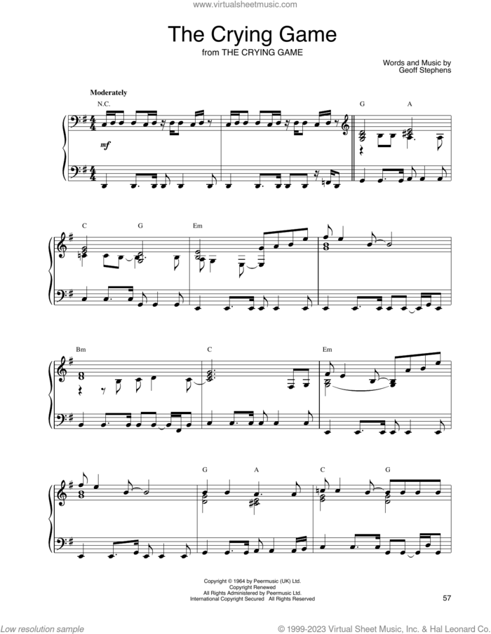 The Crying Game sheet music for piano solo by John Tesh, Boy George and Geoff Stephens, intermediate skill level