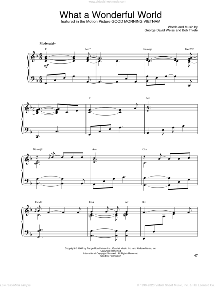 What A Wonderful World sheet music for piano solo by John Tesh, Louis Armstrong, Bob Thiele and George David Weiss, intermediate skill level