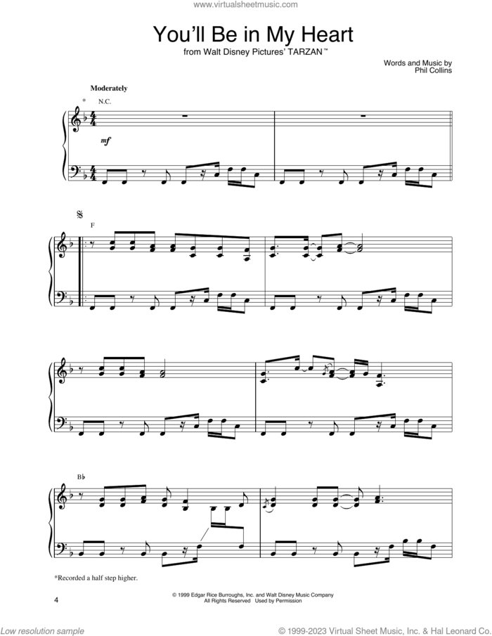 You'll Be In My Heart (from Tarzan) sheet music for piano solo by John Tesh and Phil Collins, intermediate skill level