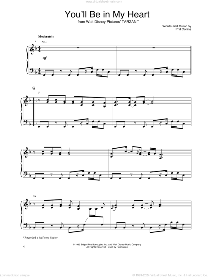 You'll Be In My Heart (from Tarzan) sheet music for piano solo by John Tesh and Phil Collins, intermediate skill level