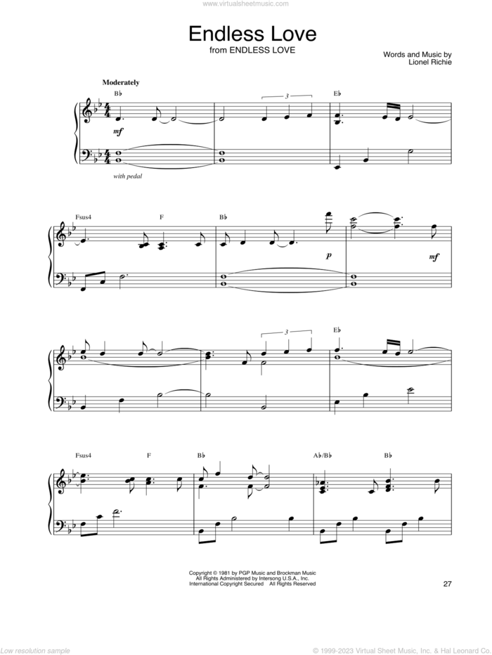 Endless Love sheet music for piano solo by John Tesh, Diana Ross & Lionel Richie and Lionel Richie feat. Shania Twain, Luther Vandross & Mariah Carey and Lionel Richie, intermediate skill level