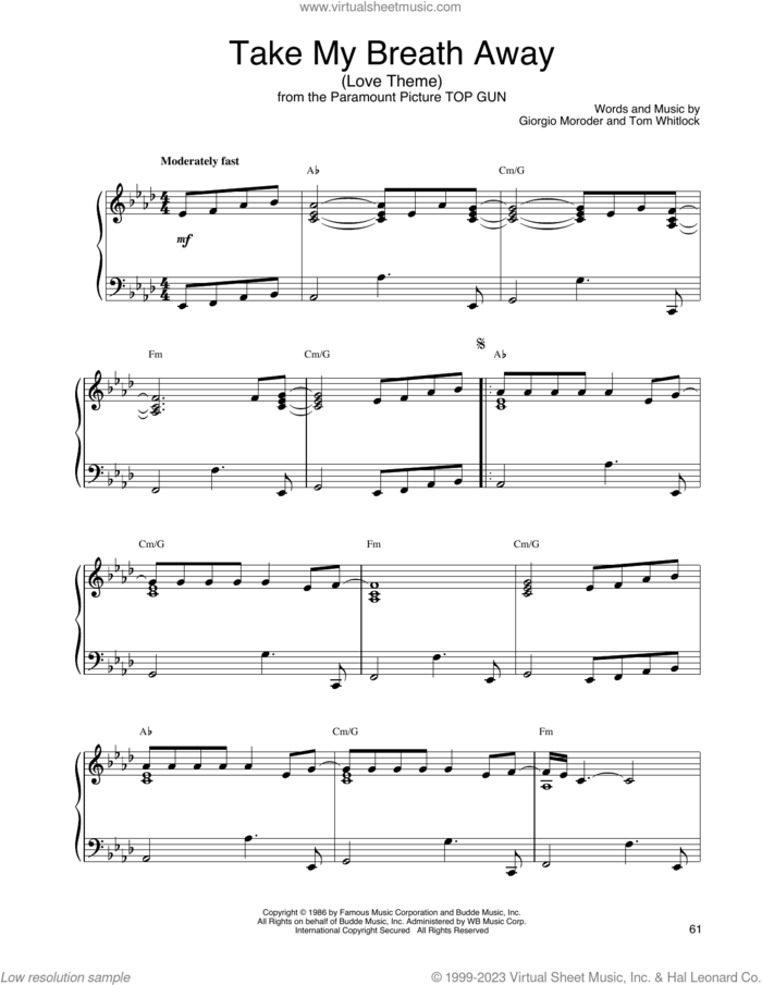 Take My Breath Away (Love Theme) sheet music for piano solo by John Tesh, Irving Berlin, Giorgio Moroder and Tom Whitlock, intermediate skill level