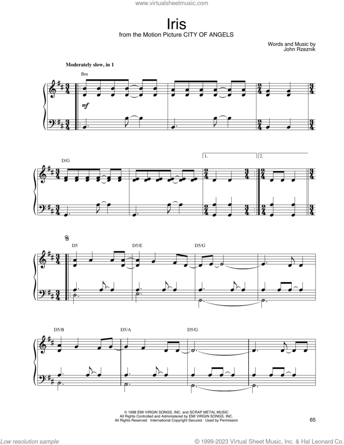 Iris sheet music for piano solo by John Tesh, Goo Goo Dolls and John Rzeznik, intermediate skill level