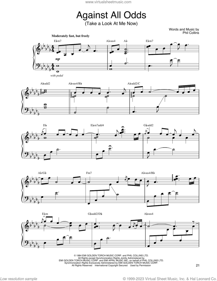 Against All Odds (Take A Look At Me Now) sheet music for piano solo by John Tesh and Phil Collins, intermediate skill level