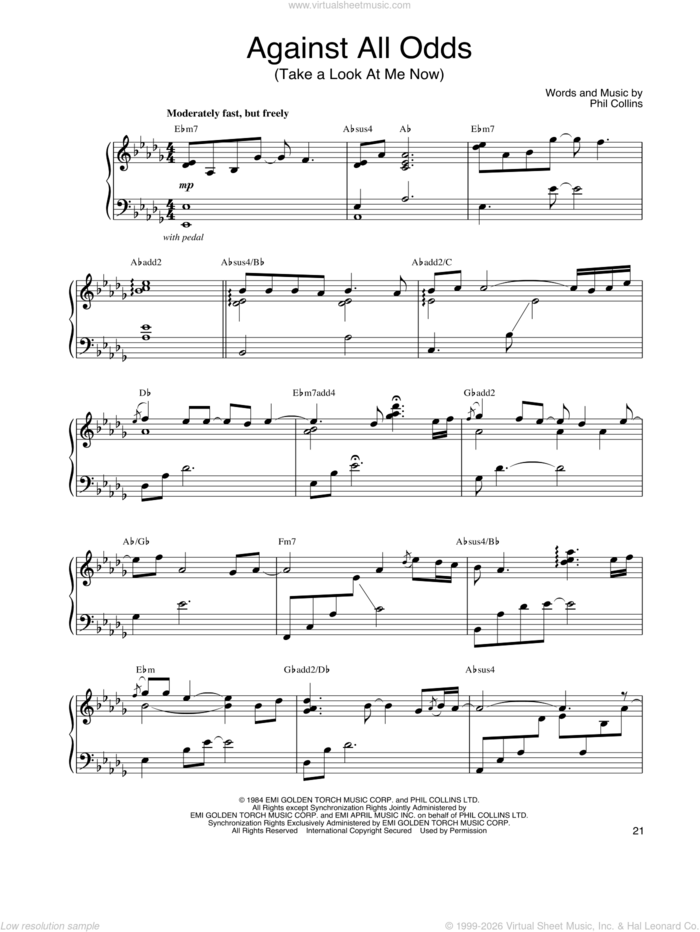 Against All Odds (Take A Look At Me Now) sheet music for piano solo by John Tesh and Phil Collins, intermediate skill level