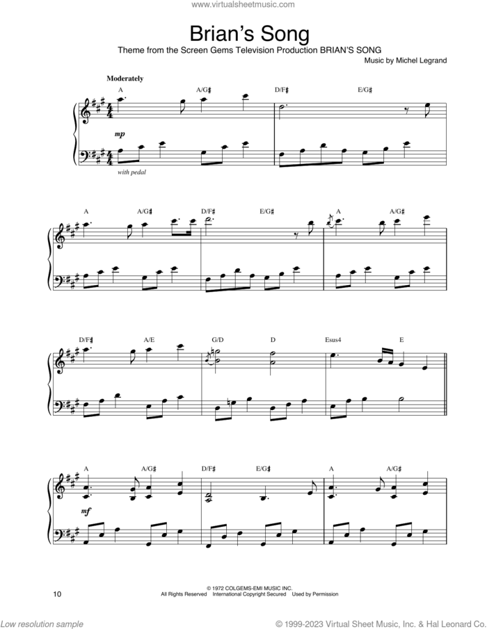 Brian's Song sheet music for piano solo by John Tesh and Michel LeGrand, intermediate skill level