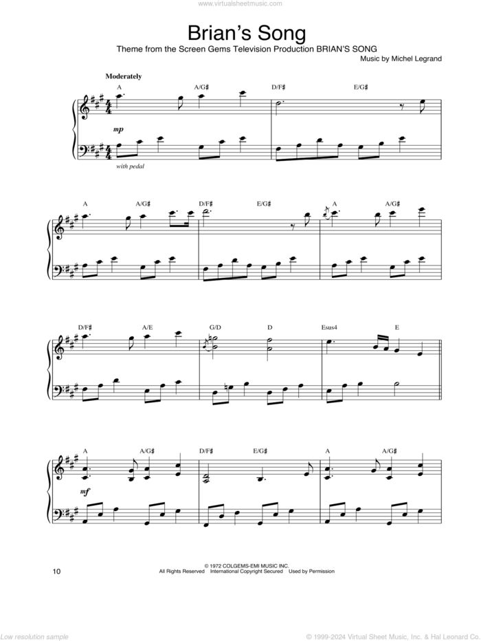 Brian's Song sheet music for piano solo by John Tesh and Michel LeGrand, intermediate skill level