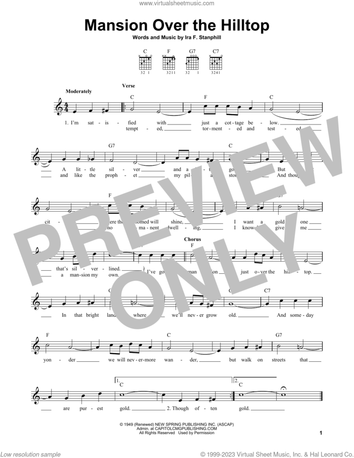 Mansion Over The Hilltop sheet music for guitar solo (chords) by Ira F. Stanphill, easy guitar (chords)