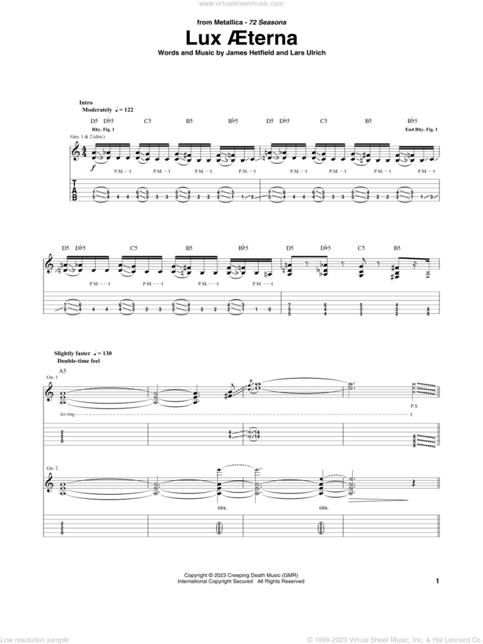 Lux Aeterna sheet music for guitar (tablature) by Metallica, James Hetfield and Lars Ulrich, easy skill level