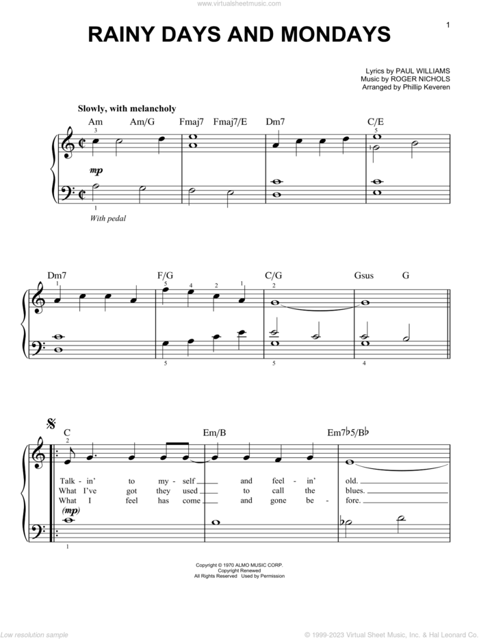 Rainy Days And Mondays (arr. Phillip Keveren), (easy) sheet music for piano solo by Carpenters, Phillip Keveren, Paul Williams and Roger Nichols, easy skill level
