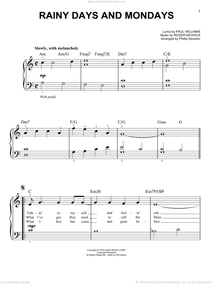 Rainy Days And Mondays (arr. Phillip Keveren), (easy) sheet music for piano solo by Carpenters, Phillip Keveren, Paul Williams and Roger Nichols, easy skill level