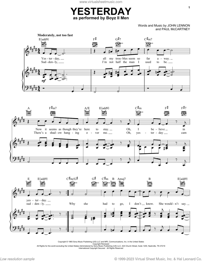 Yesterday sheet music for voice, piano or guitar by Boyz II Men, The Beatles, John Lennon and Paul McCartney, intermediate skill level