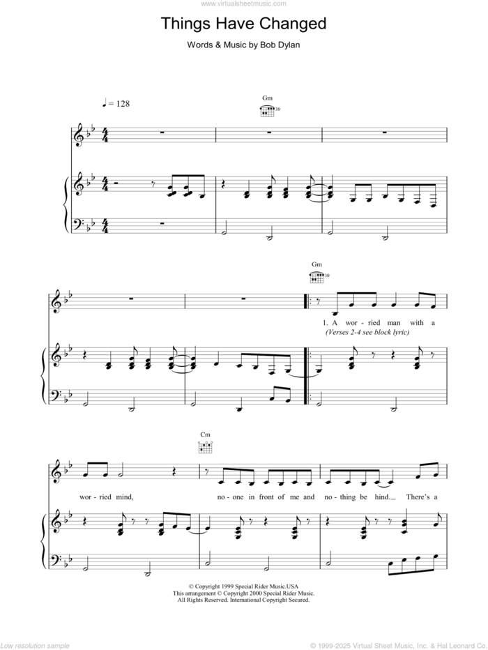 Things Have Changed sheet music for voice, piano or guitar by Bob Dylan, intermediate skill level