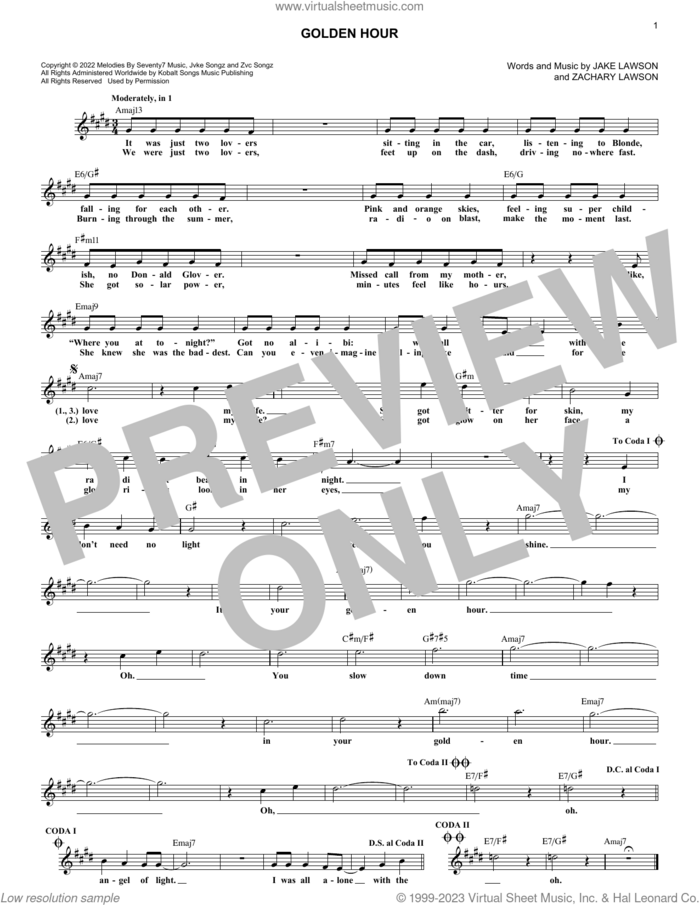 Golden Hour sheet music for voice and other instruments (fake book) by Jvke, Jake Lawson and Zachary Lawson, intermediate skill level