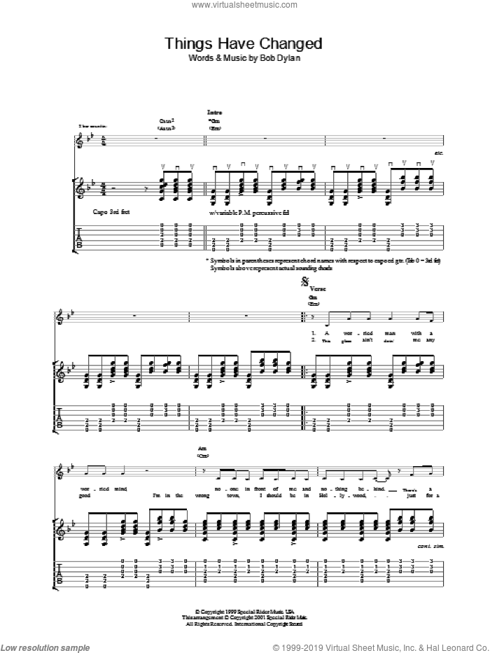 Things Have Changed sheet music for guitar (tablature) by Bob Dylan, intermediate skill level