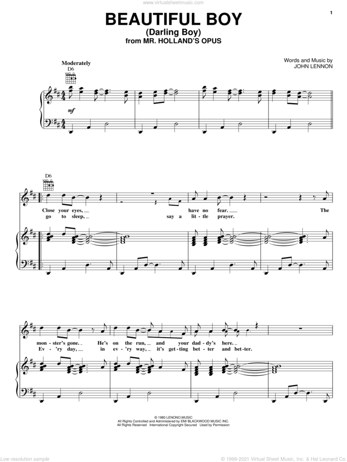 Beautiful Boy (Darling Boy) sheet music for voice, piano or guitar by John Lennon, intermediate skill level