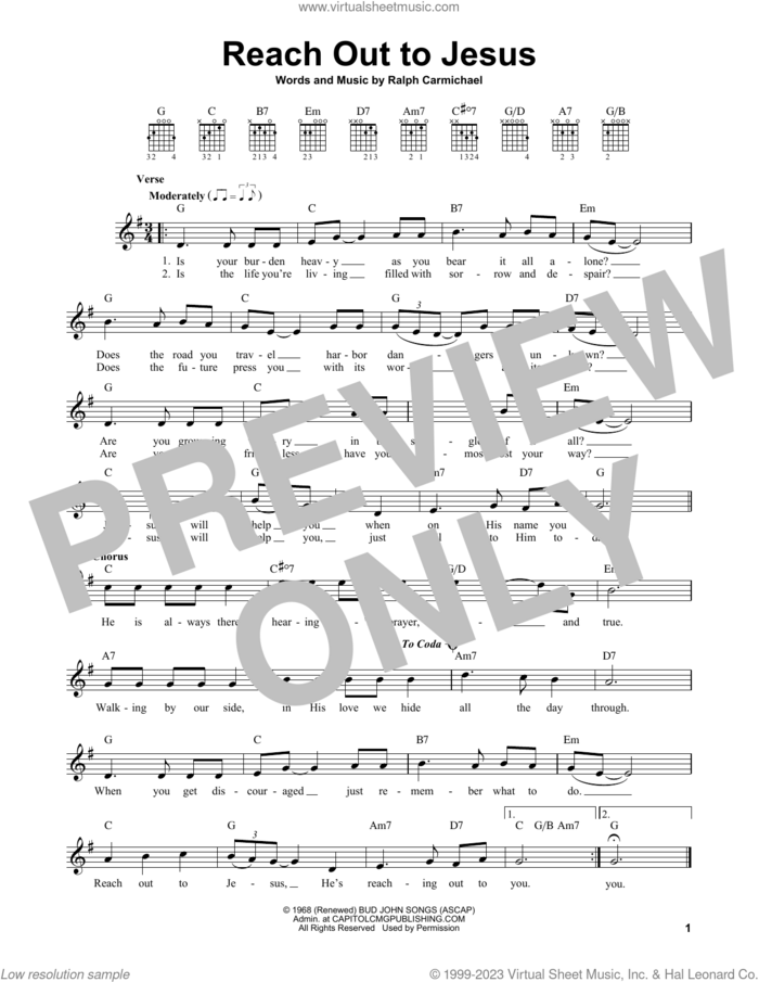 Reach Out To Jesus sheet music for guitar solo (chords) by Elvis Presley and Ralph Carmichael, easy guitar (chords)