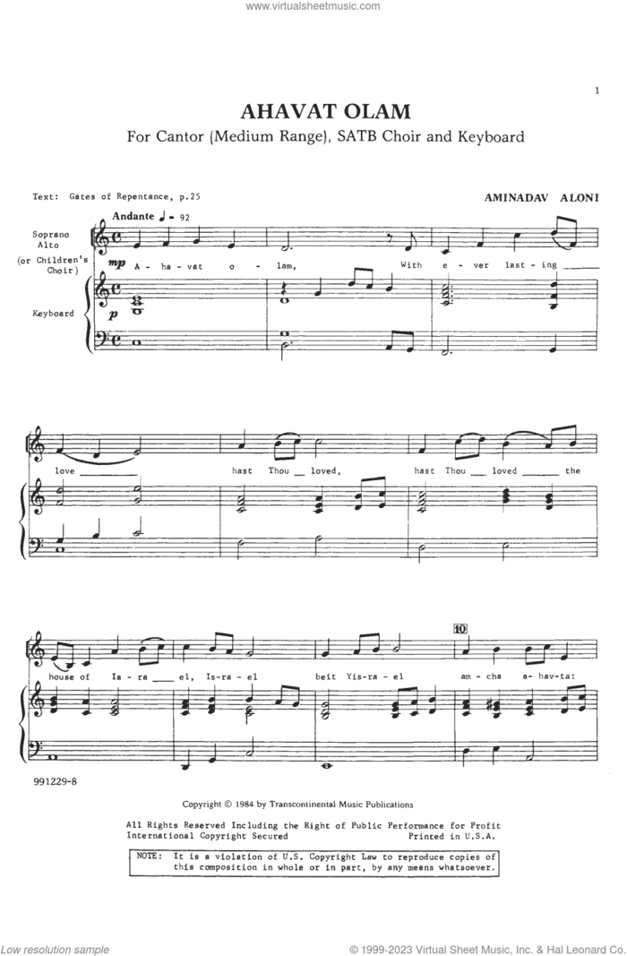 Ahavat Olam sheet music for choir (SATB: soprano, alto, tenor, bass) by Aminadav Aloni, intermediate skill level