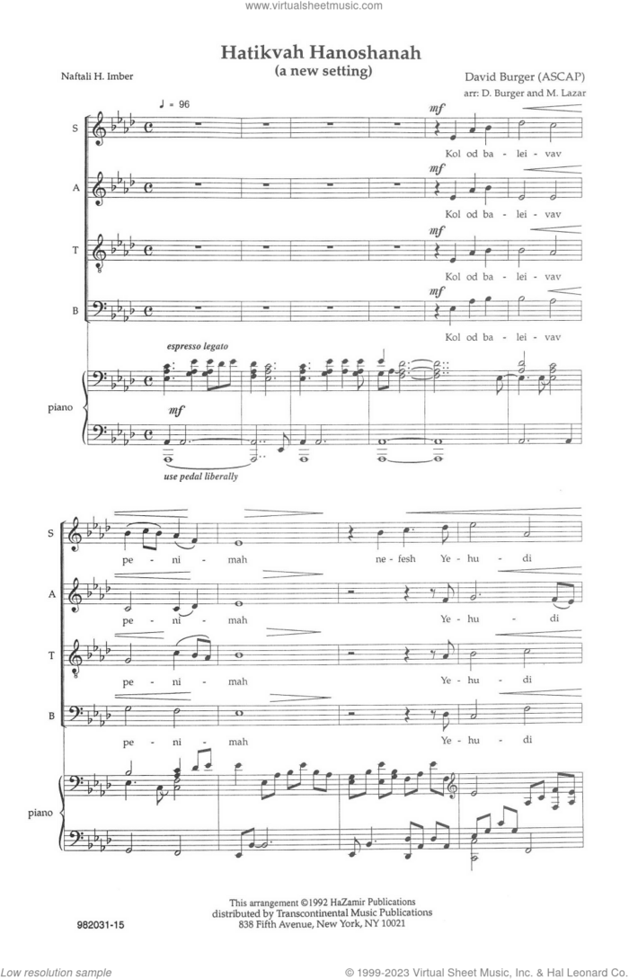 Hatikvah Hanoshanah sheet music for choir (SATB: soprano, alto, tenor, bass) by David Burger, intermediate skill level