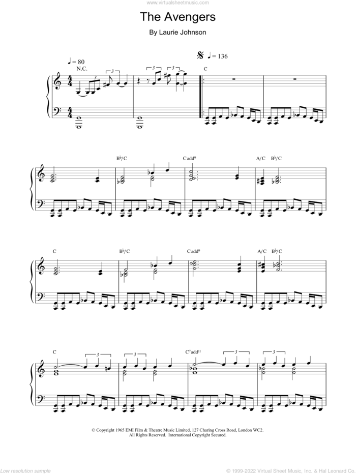 The Avengers sheet music for piano solo by Laurie Johnson, intermediate skill level