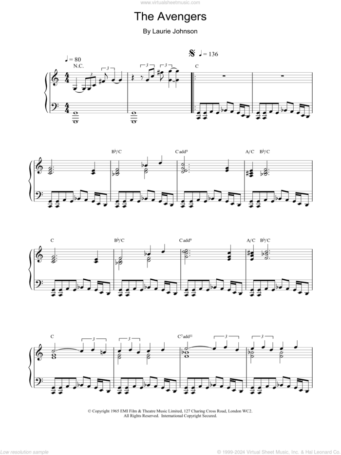 The Avengers sheet music for piano solo by Laurie Johnson, intermediate skill level