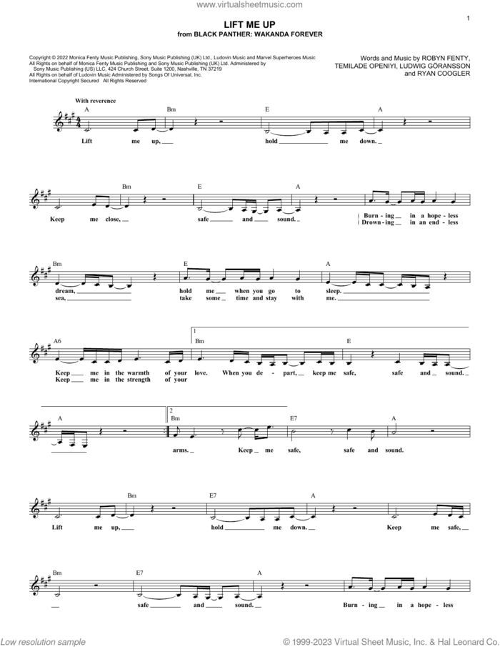 Lift Me Up (from Black Panther: Wakanda Forever) sheet music for voice and other instruments (fake book) by Rihanna, Ludwig Goransson, Robyn Fenty, Ryan Coogler and Temilade Openiyi, intermediate skill level