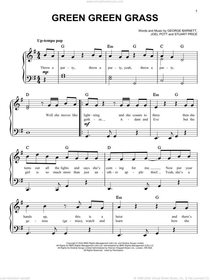 Green Green Grass, (easy) sheet music for piano solo by George Ezra, George Barnett, Joel Pott and Stuart Price, easy skill level