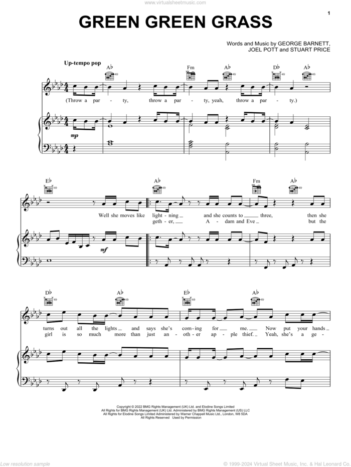 Green Green Grass sheet music for voice, piano or guitar by George Ezra, George Barnett, Joel Pott and Stuart Price, intermediate skill level