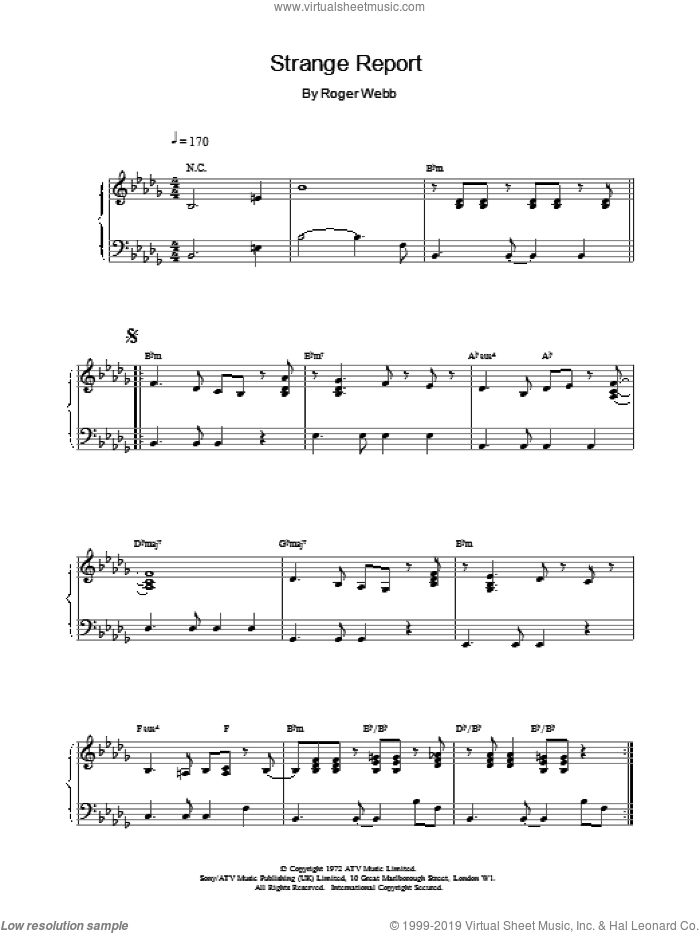 Strange Report sheet music for piano solo by Roger Webb, intermediate skill level