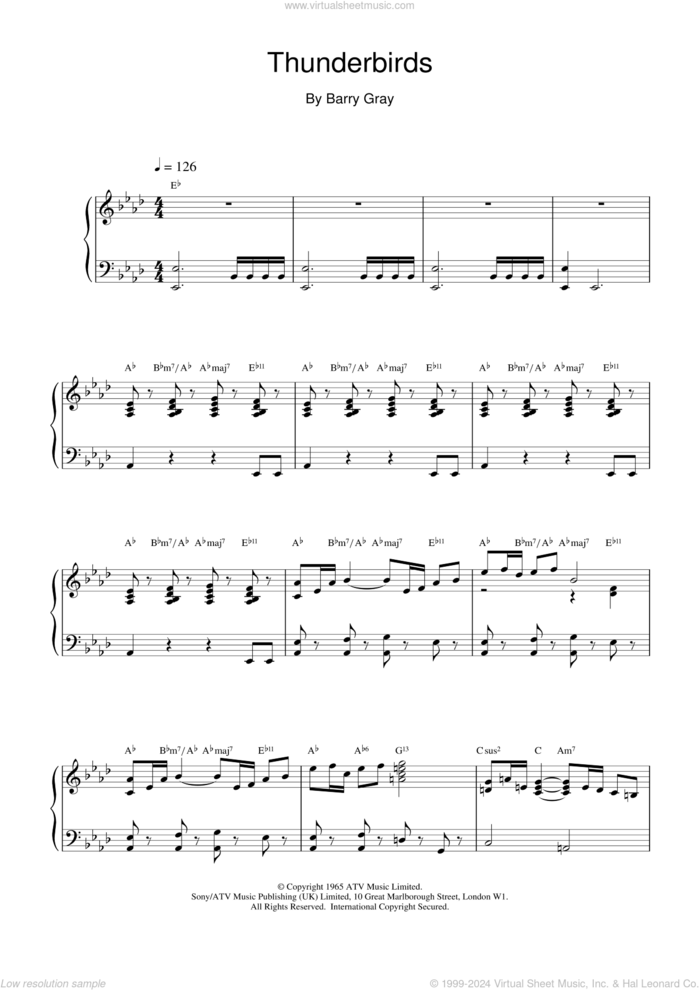 Thunderbirds (Main Theme) sheet music for piano solo by Barry Gray, intermediate skill level