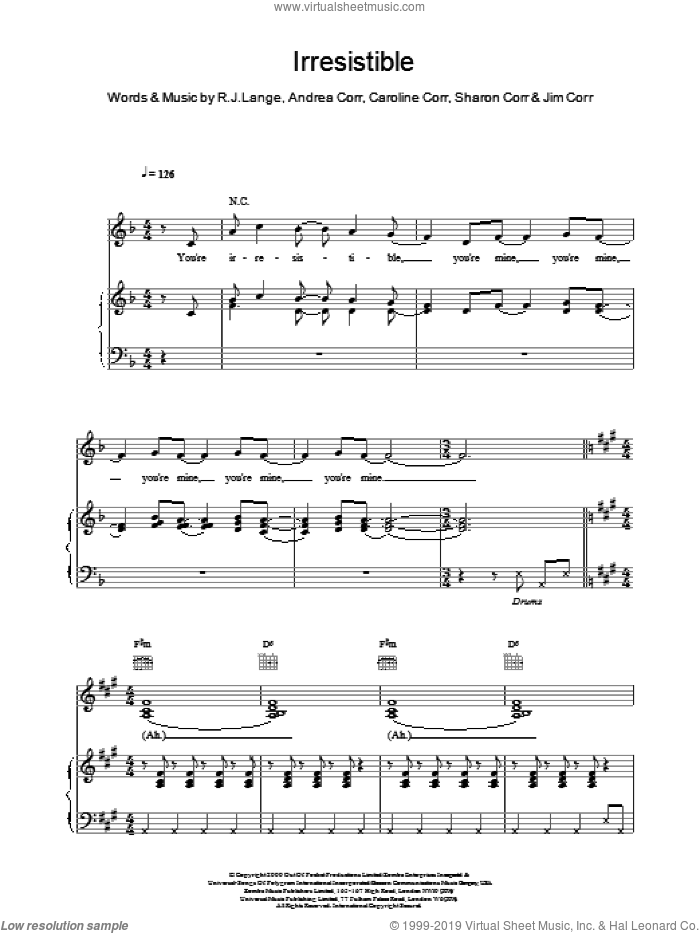Irresistible sheet music for voice, piano or guitar by The Corrs, intermediate skill level