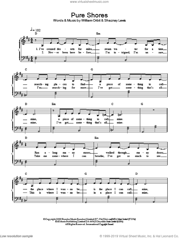 Pure Shores sheet music for piano solo by All Saints, intermediate skill level
