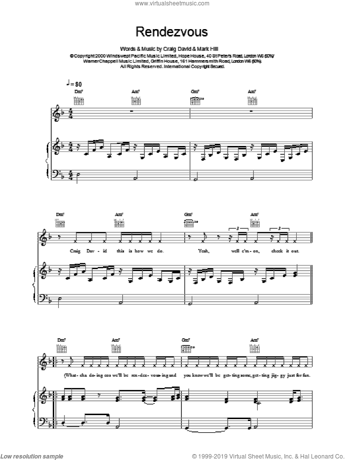Rendezvous sheet music for voice, piano or guitar by Craig David, intermediate skill level