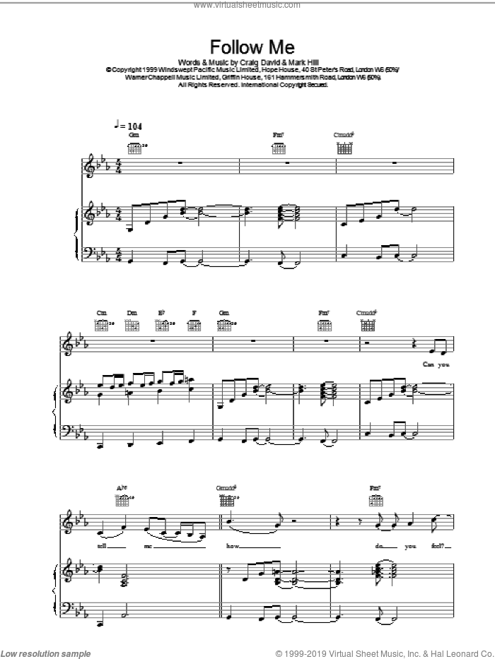 Follow Me sheet music for voice, piano or guitar by Craig David, intermediate skill level