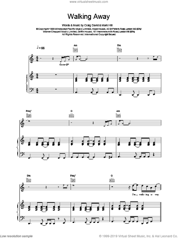 Walking Away sheet music for voice, piano or guitar by Craig David, intermediate skill level
