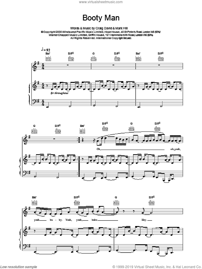 Booty Man sheet music for voice, piano or guitar by Craig David, intermediate skill level